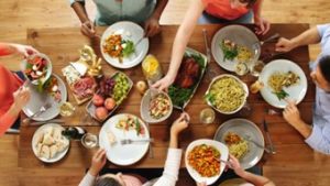 Overhead view of family eating meal around table