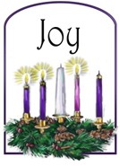 An advent wreath with three candles lit and the word "Joy" above