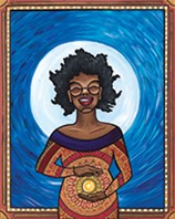 A black woman with an orb of light in her stomach, holds her hands around the light. She is smiling or laughing.